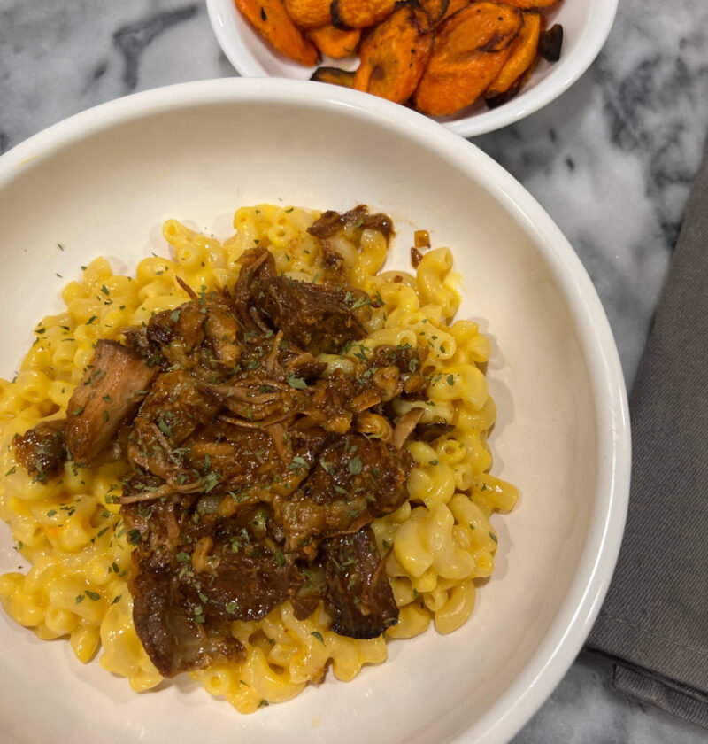 bowl of pulled pork mac and cheese